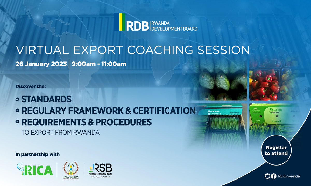 RDBrwanda's tweet photo. Learn what it takes to export quality #MadeInRwanda products during a virtual Export Coaching Session this January 2023.

Topics will include standards, regulatory frameworks and certification requirements and procedures.

Register to attend at https://t.co/KZhwPu9aZG https://t.co/6tfgdLgNVf