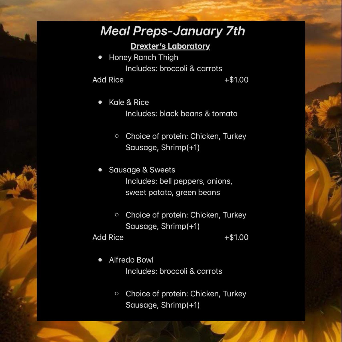 ChefBoyarDrex's tweet photo. 🍽MEAL PREPS🍽

Will be serving on Saturday, 1/7th. Taking preorders until Wednesday, 1/4th 9:30pm

Denton pickup/delivery(+$4) only https://t.co/zrhhPTUCFz