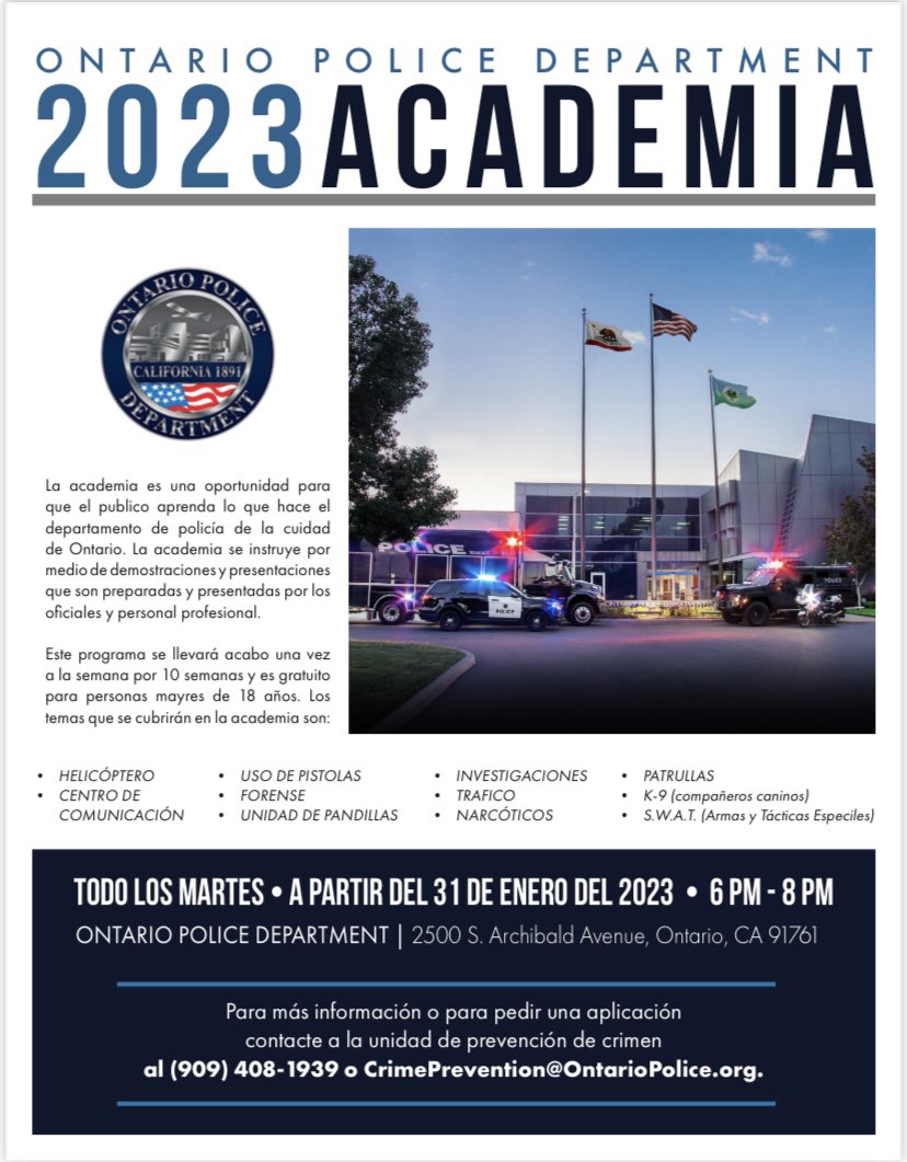 OntarioPD's tweet photo. We are accepting applications for our 2023 Spanish Citizens Academy. 

Estamos aceptando aplicaciones para nuestra 2023 Academia de Ciudadanos en Español. 

For more information visit or call/Para más información visite o llame:
https://t.co/DmxvQjs0cq 
(909)408-1939 https://t.co/bKkJ1O2aZ0