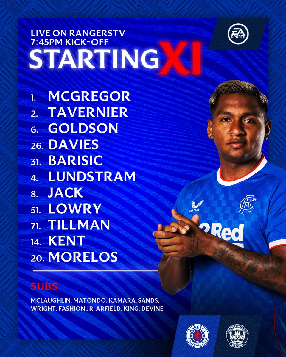🆕 Tonight’s #RangersFC team to face Motherwell.

🗒️ Full Team News: rng.rs/3I7Gnmg
📺 Watch tonight's match live on RangersTV: rng.rs/MotherwellRTV