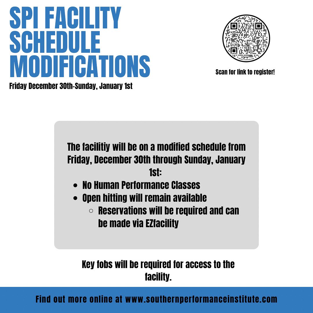 Southern Performance Institute (@spinstitute_ms) on Twitter photo 🚨SPI FACILITY MODIFICATIONS🚨
There will be no human performances classes 12/30-1/1. We will resume our regular schedule Monday, January 2nd!
If you have any questions or concerns, please contact us! 📧info@southernperformanceinstitute.com 🚨SPI FACILITY MODIFICATIONS🚨
There will be no human performances classes 12/30-1/1. We will resume our regular schedule Monday, January 2nd!
If you have any questions or concerns, please contact us! 📧info@southernperformanceinstitute.com