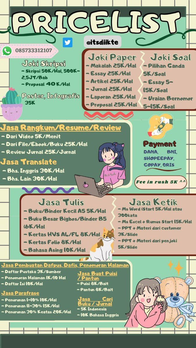 itsdiikte's tweet photo. 👋 🥰Haloo kak.. Lagi nyari jasa joki tugas? Aku sering handle tugas Soshum nih terutama Politik/HI, sini sama aku!
🌻 Testimoni &amp; Portofolio : https://t.co/n4CGwBspk1
💝
📲 Fast response / nego harga: https://t.co/G5zWV1wZTI
#jokitugas #jokitugaskuliah #zonauangᅠᅠ https://t.co/g07EDRebNu