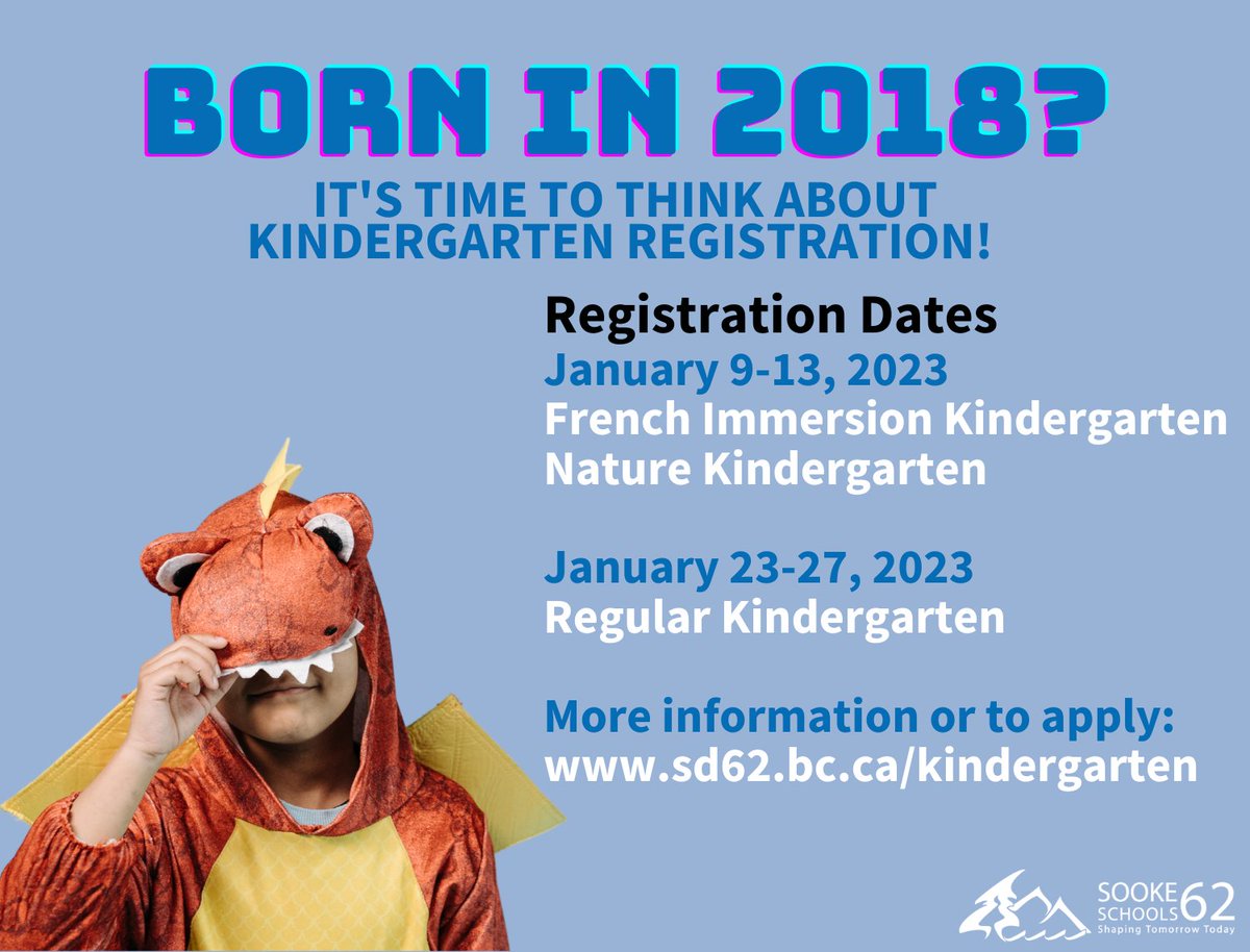 SD62_Sooke's tweet photo. We hope you are enjoying your winter break! If you have a child born in 2018, it's time to start thinking about Kindergarten Registration for 2023/24. 

Visit our website to learn more about programming, what you need to register and other important info: https://t.co/oGrEU1Zgpe https://t.co/dtN76CByBd