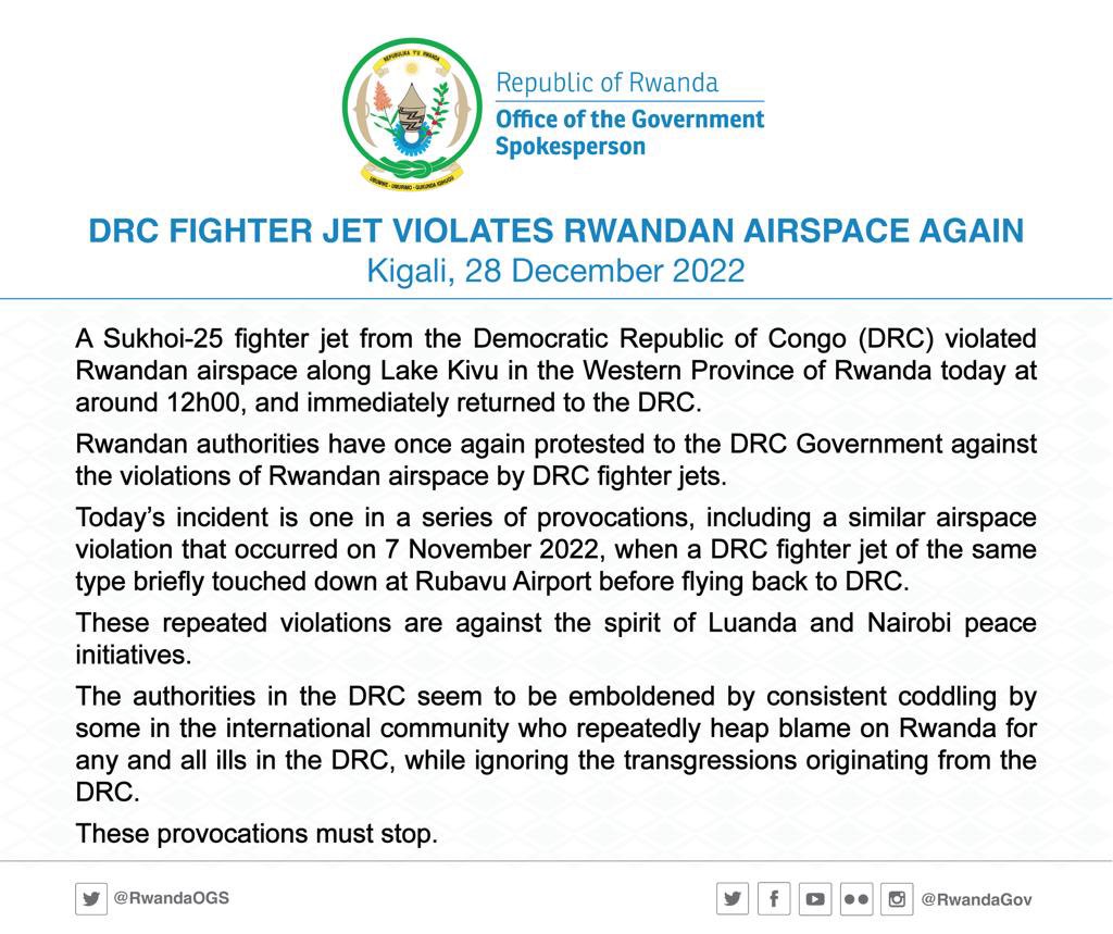 YolandeMakolo's tweet photo. On today’s violation of Rwandan airspace by DRC jet: “authorities in the DRC seem emboldened by consistent coddling by some in the international community who repeatedly heap blame on Rwanda for any &amp; all ills in the DRC, while ignoring the transgressions” https://t.co/tYcTdbd2Xj https://t.co/RdVBZExr21