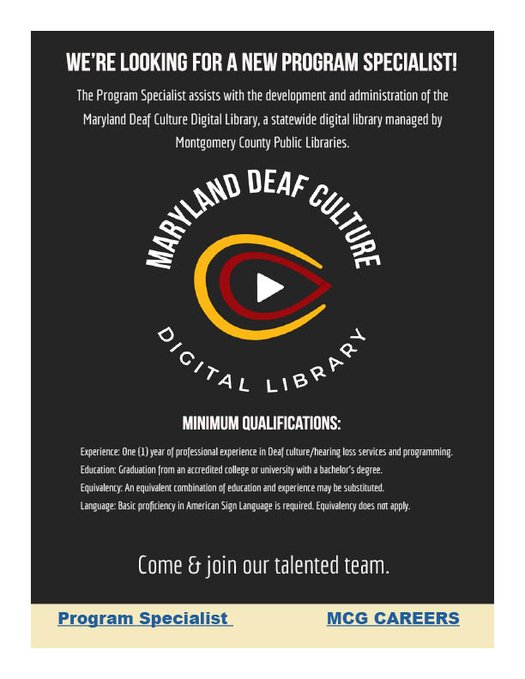 MarylandDCDL's tweet photo. We are hiring!

Program Specialist I at the Maryland Deaf Culture Digital Library.

https://t.co/B603qHyc1k…

https://t.co/rfg2SLwKqn

The position is closing soon.

Please share! https://t.co/snkT658xHc