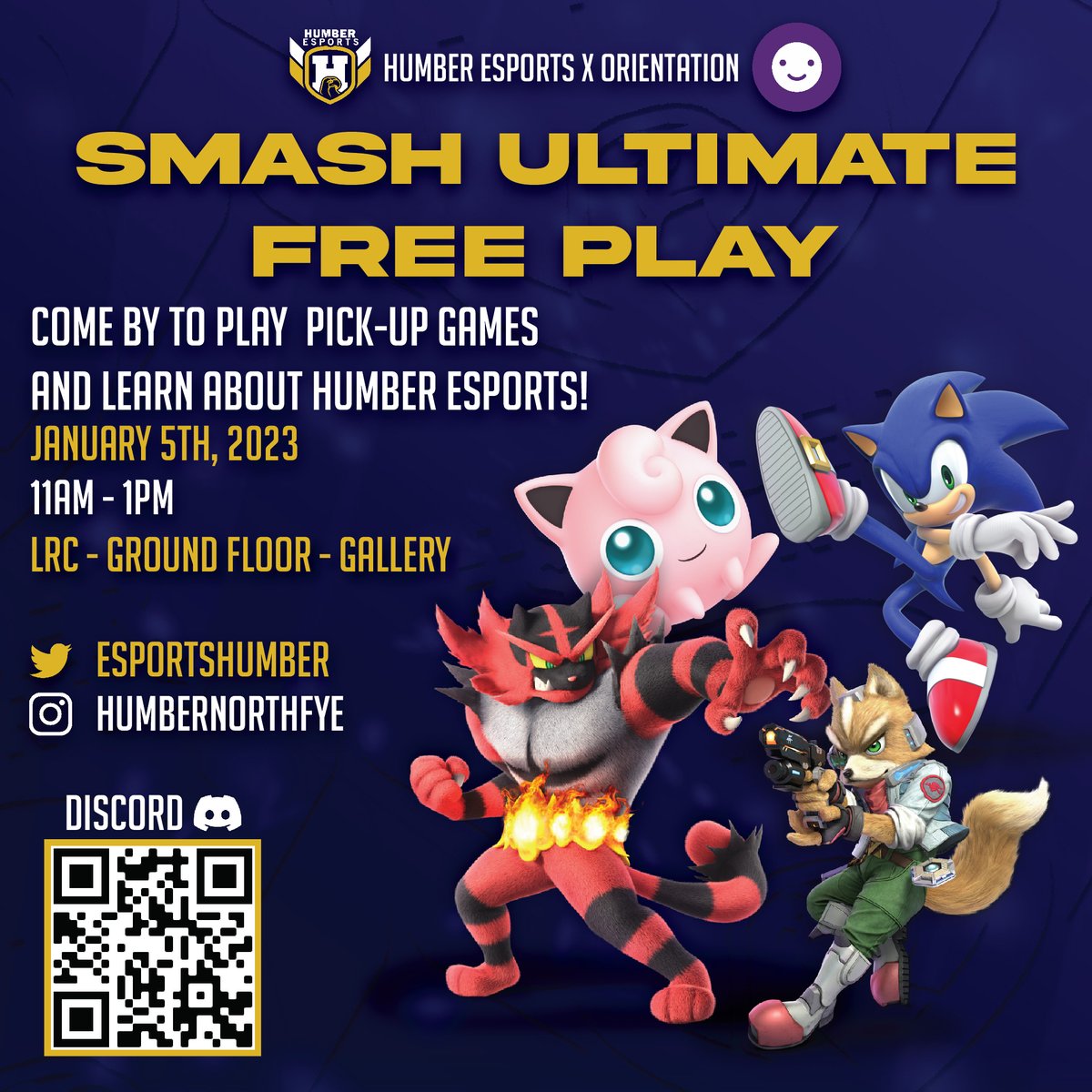 HumberEsportsGG's tweet photo. We're collaborating with Humber North First Year Experience (FYE) for a Super Smash Bros. Ultimate Free Play event!

🗓️ Jan. 5
⏰ 11am - 1pm
🏢 Learning Resource Commons, North Campus
📍 Gallery on the ground floor

Come by to play pick-up games and learn about Humber Esports! https://t.co/tZygQ7xyod