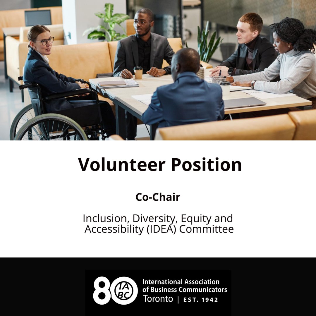 We're looking for a dedicated volunteer to join our Inclusion, Diversity, Equity &amp; Accessibility (IDEA) Committee as Co-Chair for 2022-2023.

toronto.iabc.to/2022/11/28/lea…

#IABCTO #Volunteer #IDEA #Inclusion #Diversity #Equity #Access