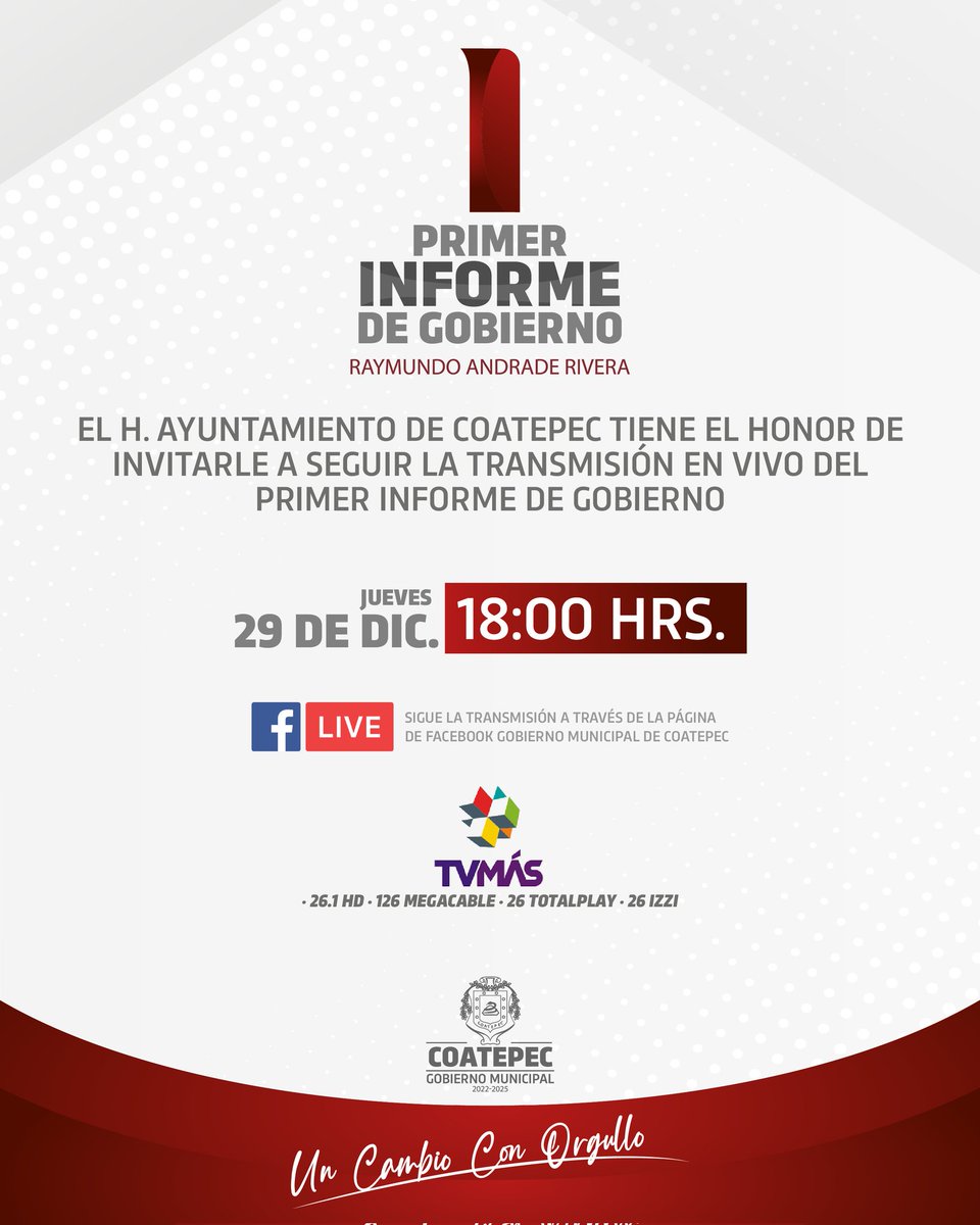 El H. Ayuntamiento de Coatepec te invita a seguir la transmisión en vivo del Primer Informe de Gobierno el jueves 29 de diciembre a las 18 horas. 

Sigue la transmisión a través de la página de Facebook Gobierno Municipal de Coatepec y en la señal de TVMAS.
