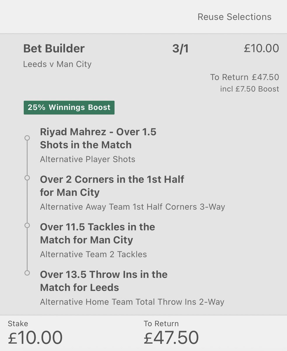 ValueBetSpotter's tweet image. 🔒 4/1 &amp;amp; 14/1

Mahrez shots: 2, 4, 2, 4, 0, 3, 3, 4

Man City first half corners: 4, 6, 7, 7, 4, 9

Leeds tackles conceded: 12, 31, 16, 17, 16, 26, 17, 17, 15, 24, 27, 13, 22, 22, 17, 16

Leeds throw ins: 20, 23, 33 (v Liverpool), 26, 29, 21, 20, 25, 38, 21

LIKE ❤️ if you’re on!