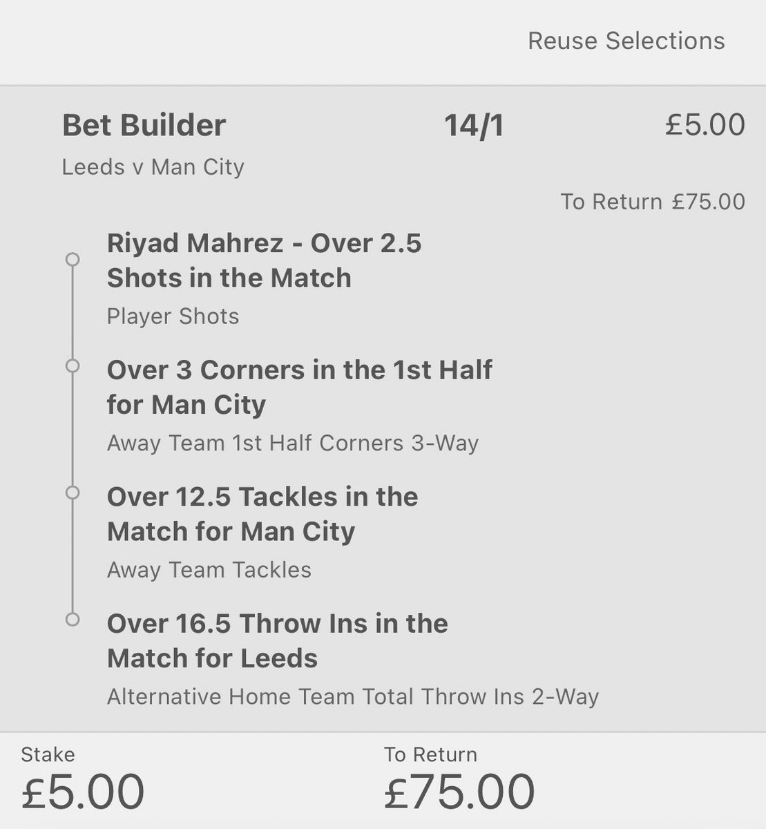 ValueBetSpotter's tweet image. 🔒 4/1 &amp;amp; 14/1

Mahrez shots: 2, 4, 2, 4, 0, 3, 3, 4

Man City first half corners: 4, 6, 7, 7, 4, 9

Leeds tackles conceded: 12, 31, 16, 17, 16, 26, 17, 17, 15, 24, 27, 13, 22, 22, 17, 16

Leeds throw ins: 20, 23, 33 (v Liverpool), 26, 29, 21, 20, 25, 38, 21

LIKE ❤️ if you’re on!