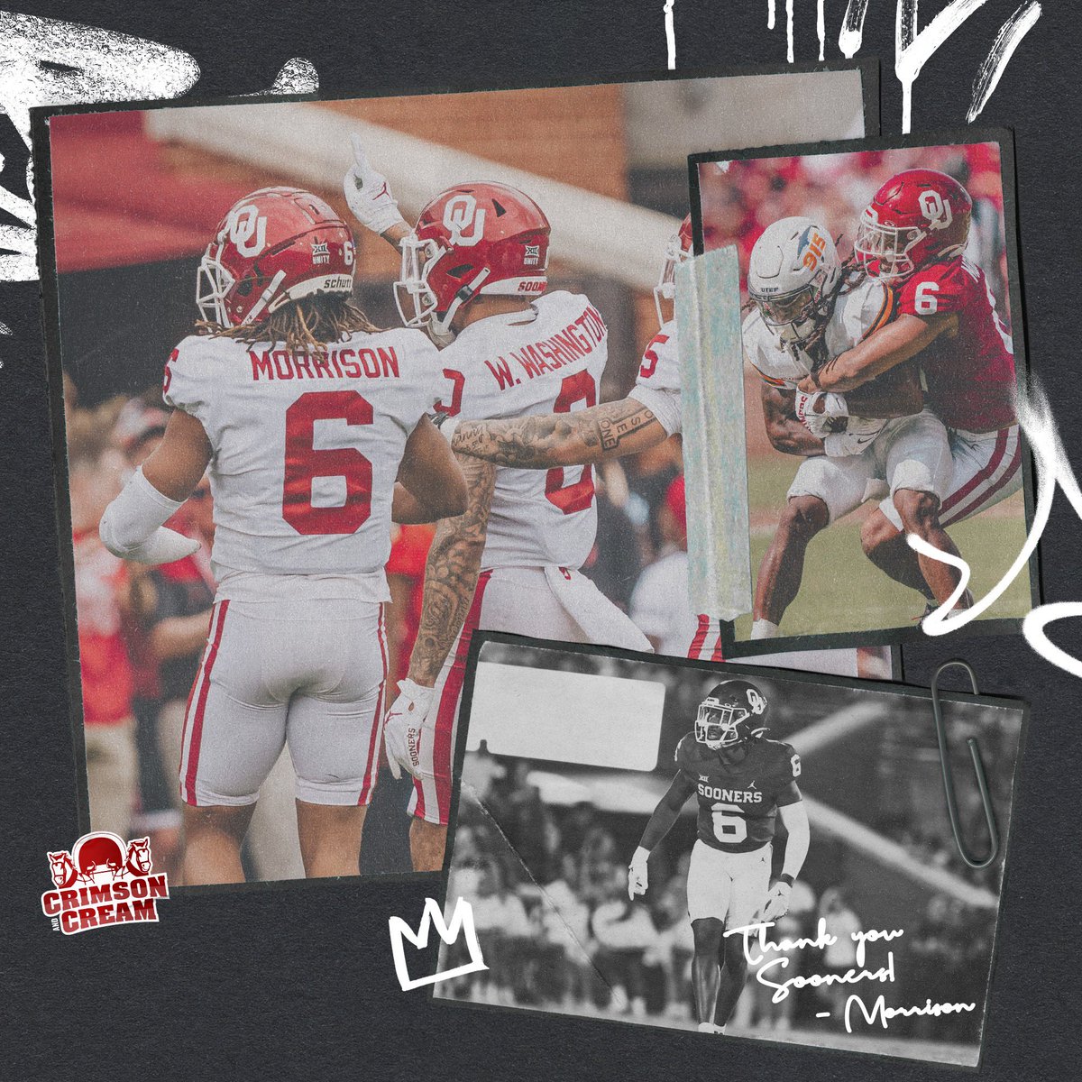 Trey Morrison (@trey_morrison23) on Twitter photo Sooner Nation, thank you for all the support and passion throughout my OU career! Let's bring the 🔥 and the Sooner Magic ✨ tomorrow. This one's for YOU! Boomer! <a href="/CrimsonCreamNIL/">Crimson & Cream</a> <a href="/OU_Football/">Oklahoma Football</a> @CheezItBowl
crimsoncreamcollective.com/subscribe/ Sooner Nation, thank you for all the support and passion throughout my OU career! Let's bring the 🔥 and the Sooner Magic ✨ tomorrow. This one's for YOU! Boomer! <a href="/CrimsonCreamNIL/">Crimson & Cream</a> <a href="/OU_Football/">Oklahoma Football</a> @CheezItBowl
crimsoncreamcollective.com/subscribe/