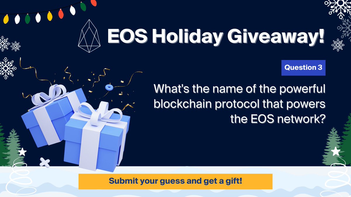 Time for challenge 3 of the #EOSHolidayGiveaway ❄️

What's the name of the blockchain protocol that powers the EOS network? 🤔

Take part &amp; win a special Holiday Gift NFT 🎁

🗳️ Entry Form 👇
bblk.io/enf

Full contest details 👇
eosnetwork.com/blog/eos-holid…