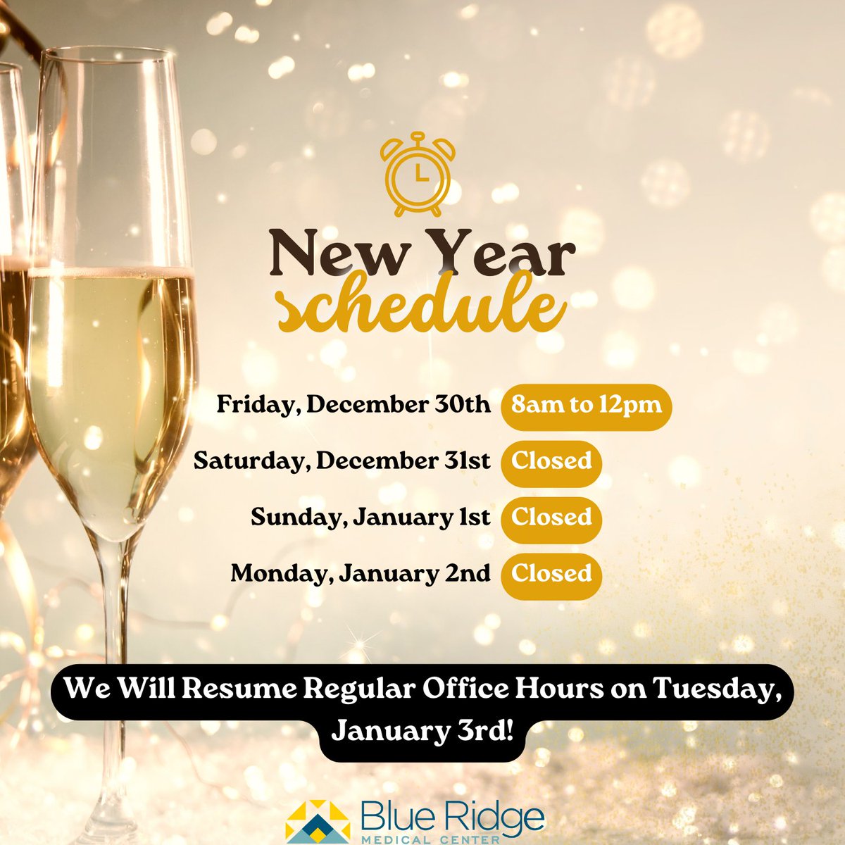 BRMedicalCenter's tweet photo. With the holiday season coming to an end, we have one more big one to go before everything gets back to normal!

Wanted to give you a head's up with our upcoming schedule for the New Year!

We're closing early on Friday and reopening for usual business on Tuesday! https://t.co/ItVbIFoyvj