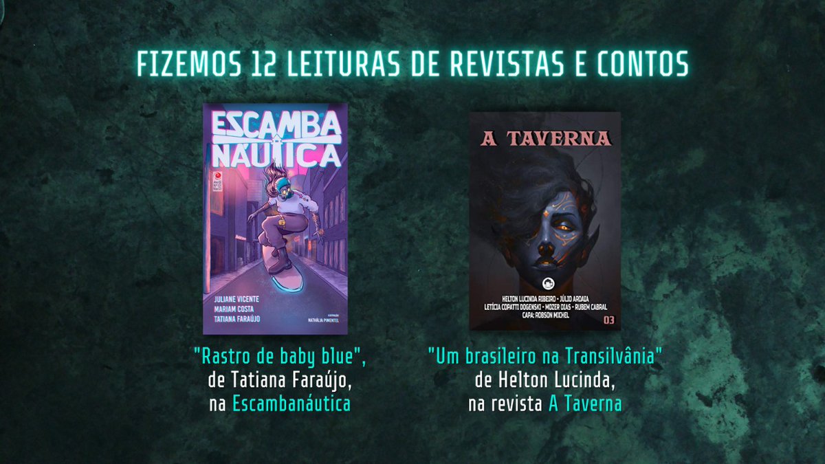 Rastro de Baby Blue, da Tatiana Faraújo (<a href="/tatiana_faraujo/">Tetyana</a>) publicado no número 01/ano 02 da revista Escambanautica, da <a href="/EscambauEditora/">Escambau Editora</a>

Um brasileiro na Transilvânia, de Helton Lucinda (<a href="/helton_lucinda/">Helton Lucinda Ribeiro</a>), publicado na edição 03 da revista A Taverna (<a href="/atavernarevista/">Revista A Taverna</a>)

+