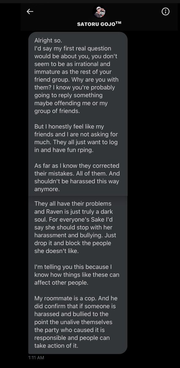 ⠀

火 :  Here's  that  convo  where  actualgojo  continues  to  falsely  accuse  raven  of  bullying,  come  up  with  excuses  for  dana's  pedophilia,  accuses  us  of  sending  imaginary  threats  and  then  self  destructs  when  he  realizes  he  was  wrong.

12/1:

⠀