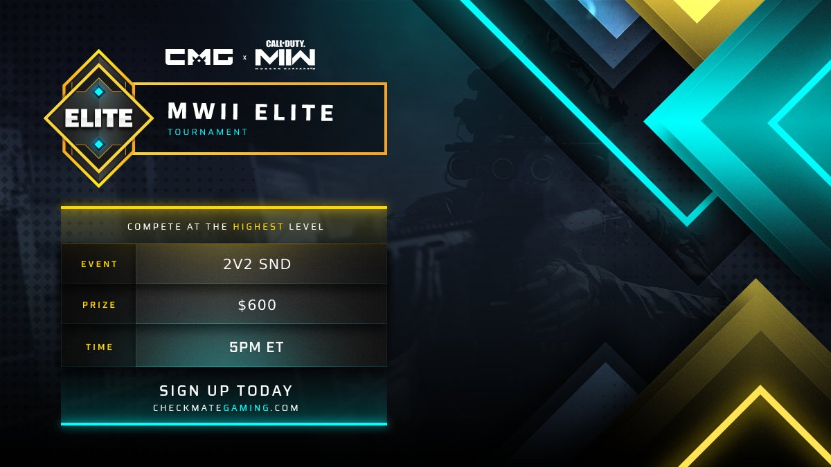 🏆 $600 2v2 MWII ELITE

💰 $600 GTD PRIZE
📝 NA+EU | Best of 3 
📅 5:00 PM EST / 10:00 PM GMT

Sign up Here » checkmategaming.com/tournament/cro…

#CMG #MWII #Tournaments