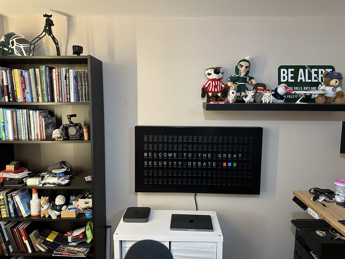 First message on the new <a href="/vestaboard/">Vestaboard</a> is backing visuals for <a href="/securitydebate/">The Great Security Debate Podcast</a> !!