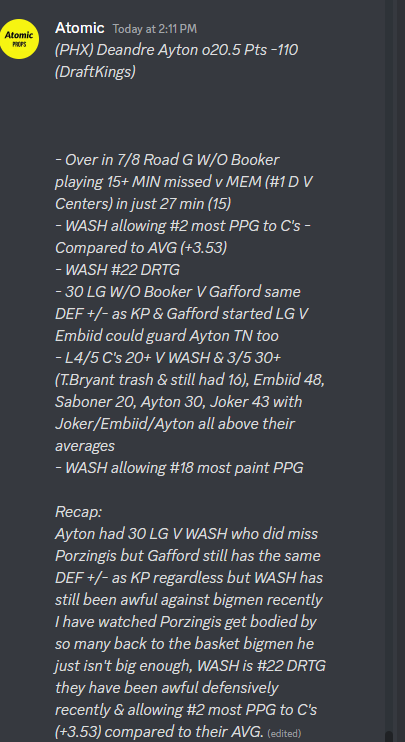AtomicPropz's tweet photo. Deandre Ayton o20.5 Pts -110

- Over in 7/9  G W/O Booker (Missing LG V MEM #1 D V C's) playing 24+ MIN
- 30 LG V 🧙‍♂️ (KP out , however , Gafford same DEF +/- as KP)
- L4/5 C's 20+ V 🧙‍♂️
🧙‍♂️ allowing:
- #2 most PPG to C's (+3.53) 
- #18 most Paint PPG

📊 via @propsdotcash https://t.co/f0ZgplAEtC