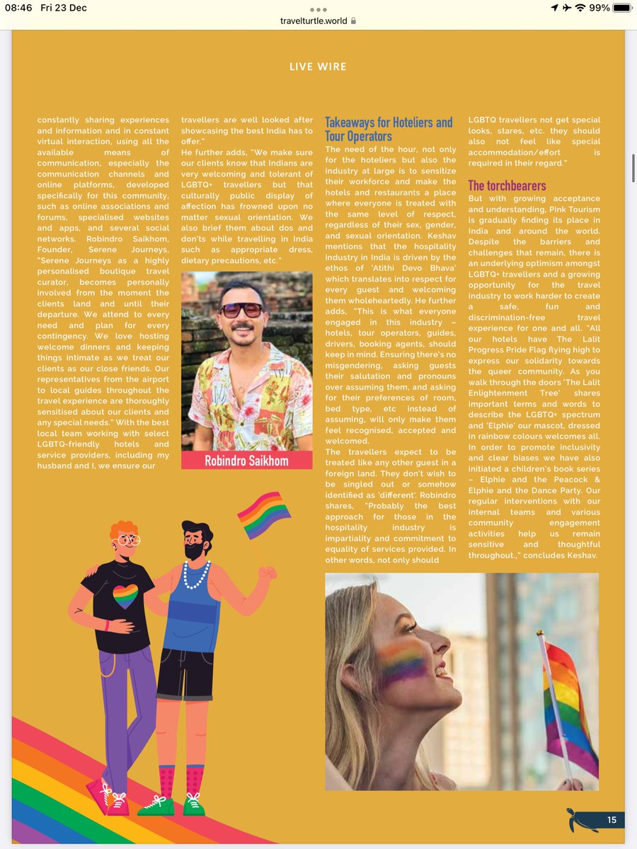 TasteWithRobin's tweet photo. Wrapping up 2022 & ready 4 year of new adventure 2023. TY @BhartiSharma3 & @travelturtlemag for the in depth & thoughtful coverage of #LGBTtourism in #India as well as highlighting #SereneJourneys.
Read 👉🏼 https://t.co/ocIe64frR1
#LGBTQ #gaytravel #inclusions #gayindia #gay https://t.co/FsUSHzck8F
