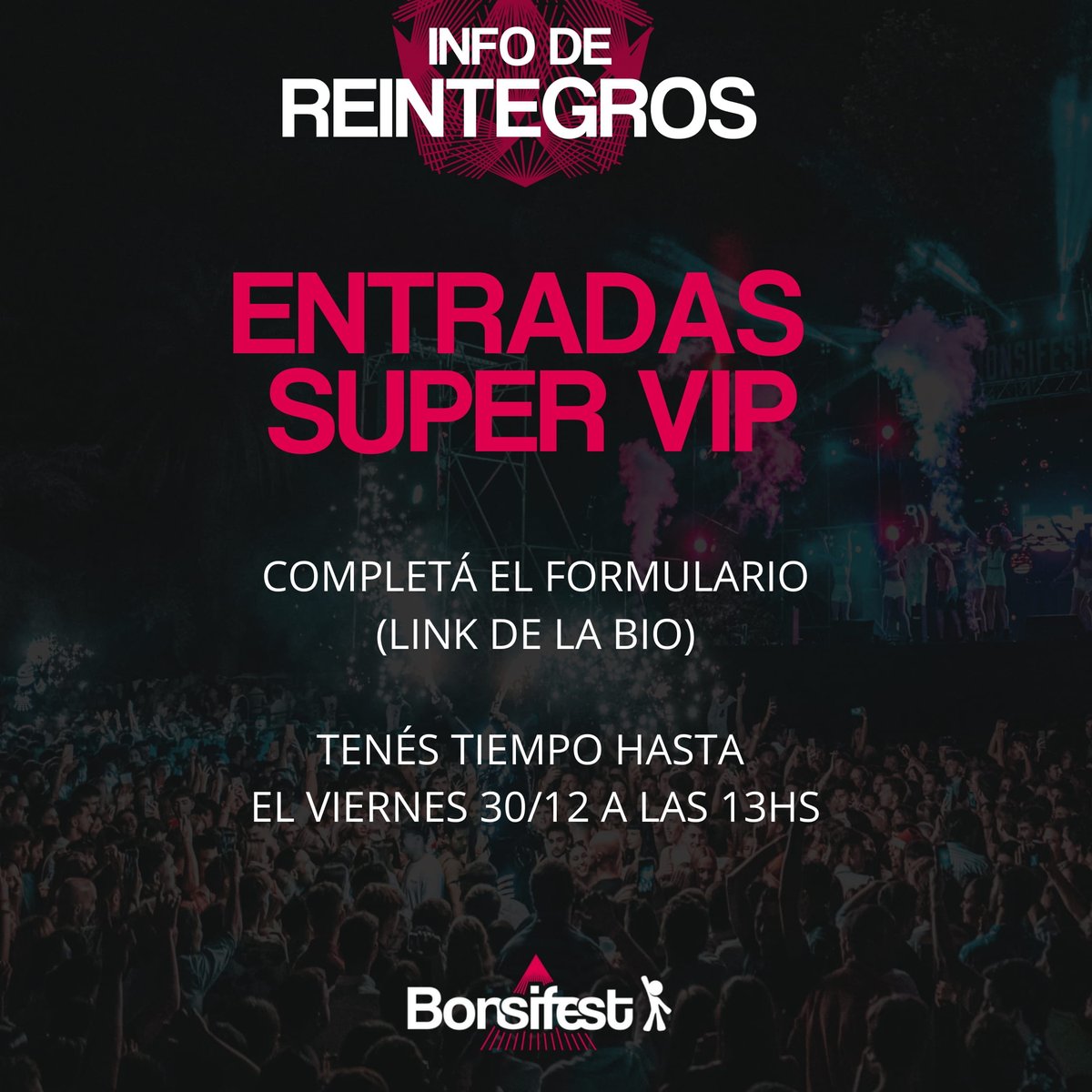 BonsiFest's tweet photo. · Si tenés entrada SUPERVIP completá este formulario (https://t.co/Dwct9hwkK0). Tenés tiempo hasta el Viernes 30/12 a las 13hs. Te vamos a contactar personalmente para coordinar el reintegro. https://t.co/I0OugE9URi