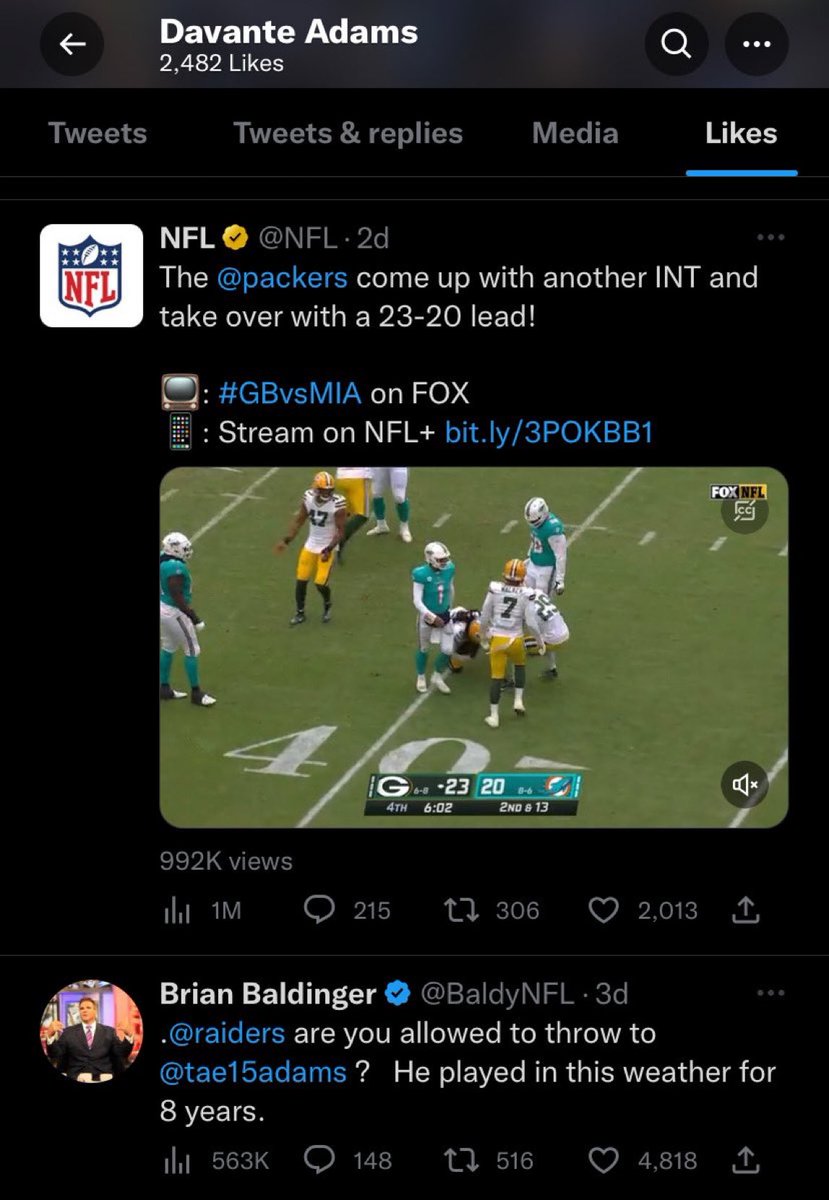 MLFootball's tweet photo. Davante Adams recent likes☠️☠️☠️☠️☠️☠️☠️☠️☠️☠️☠️☠️ https://t.co/J2yaBewr7R