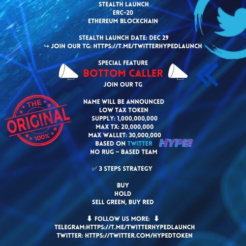 <a href="/100xAltcoinGems/">100x Altcoin Gems</a> STEALTH LAUNCH 
erc-20

BOTTOM CALLER

📅 DEC 29 

🟢Twitter hype
🟢 low tax token 
🔺 supply: 1,000,000,000
🔺 max tx: 20,000,000
🔺 max wallet: 30,000,000
⬇️ Follow us more:  ⬇️
💬 Telegram:t.me/TwitterHypedLa…
🐦 Twitter: x.com/HypedToken