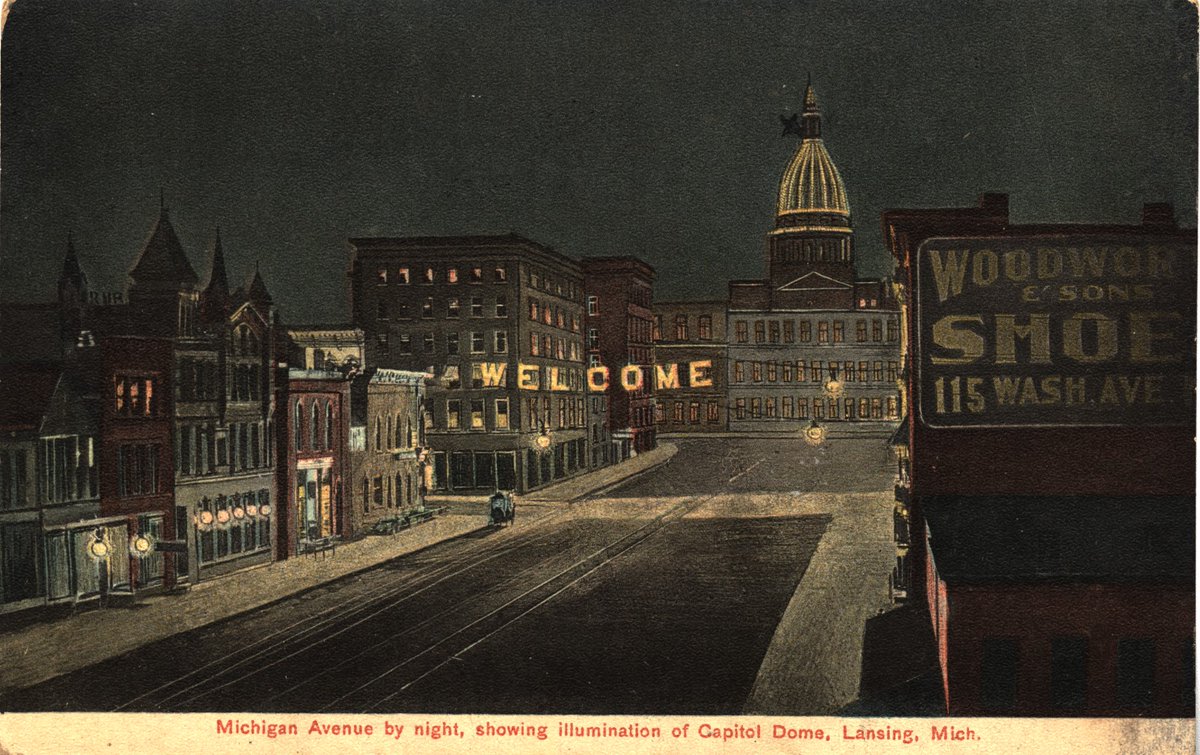 MIStateCapitol's tweet photo. Hope you enjoy this luminous nighttime view of Michigan Ave! This 1910 postcard reads, “…I was as high in the Capitol as that little mark is..." Looking carefully, you’ll see an X by the dome! Find more #mistatecapitol views courtesy of the #LibraryofMich https://t.co/u3BBittzrk https://t.co/NvaKJyB9Kv