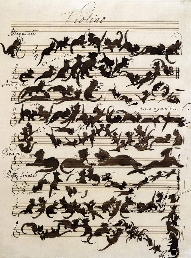 The Cat Symphony by Moritz von Schwind,1868. Pencil, pen and brush on paper The drawing is a violin melody, on which cats are presented instead of notes. Collection: Staatliche Kunsthalle, Karlsruhe, Germany.
