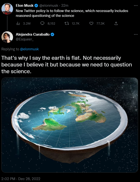 neontaster's tweet photo. She thinks she's being clever here, but without questioning the prevailing science at the time, we wouldn't have arrived at the conclusion that the world *wasn't* flat. https://t.co/QhqYSeeXF8