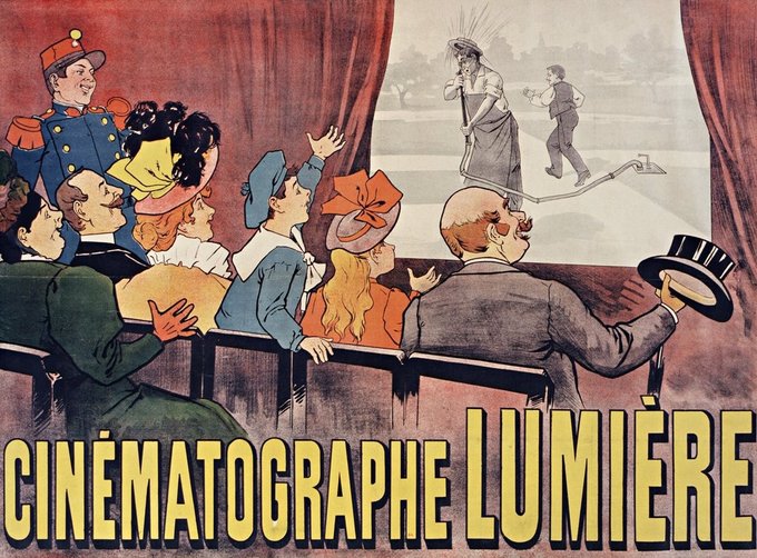 Poster advertising the Cinématographe Lumière, depicting an audience laughing at a man on screen who is being sprayed in the face by a water hose as the prankster runs away.