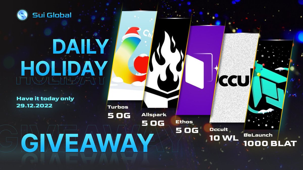 🎅7 Days Santa's' Giveaways🎉

🎁25 Super Partners Roles☃️
💰1000 $BLAST tokens🎄

1⃣Follow partners
<a href="/Turbos_finance/">Turbos Finance</a>
<a href="/AllsparkFinance/">Allspark</a> 
<a href="/EthosWalletXYZ/">Ethos ✨ Wallet</a>
@OccultNFT
<a href="/BeLaunch_/">BeLaunch</a>
2⃣Like, Retweet

24h.⏰
 
🎁More prizes in our Discord during all the holidays! 
👉discord.gg/suiglobal