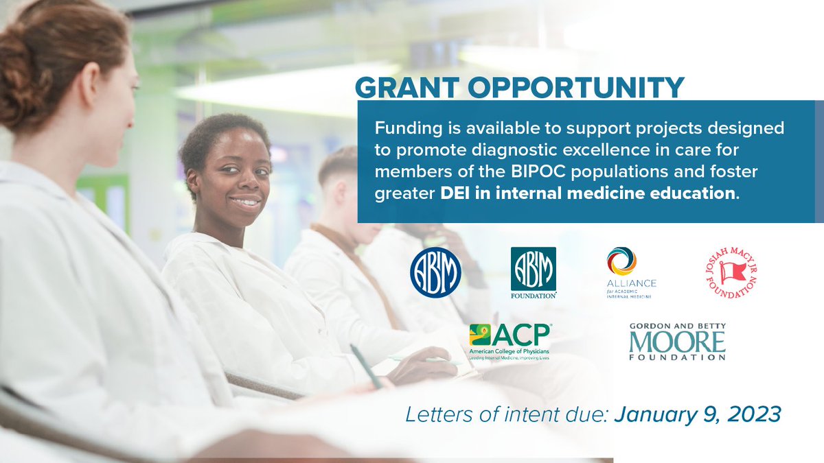 ABIMcert's tweet photo. .@ABIMFoundation, @AAIMonline, @ACPinternists @macyfoundation & @MooreFound are sponsoring $500,000 in grants to support DEI among #InternalMedicine residents, students & faculty members. Apply today: https://t.co/xH9oFgSBt1 #DEIGrantProgram #DiversityInHealthcare https://t.co/5Fgtzgh9Z0