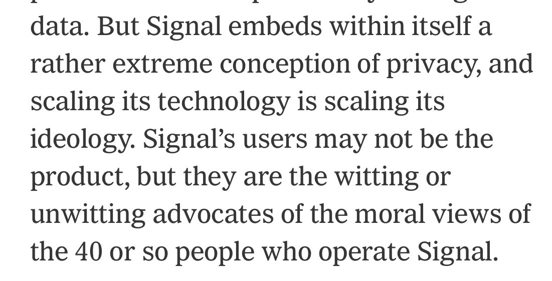 Late contender for worst take of the year: NYT oped argues <a href="/signalapp/">Signal</a> is bad because users might not know it strongly protects comms from surveillance. I, for one, am a “witting” advocate user. 
nytimes.com/2022/12/28/opi…