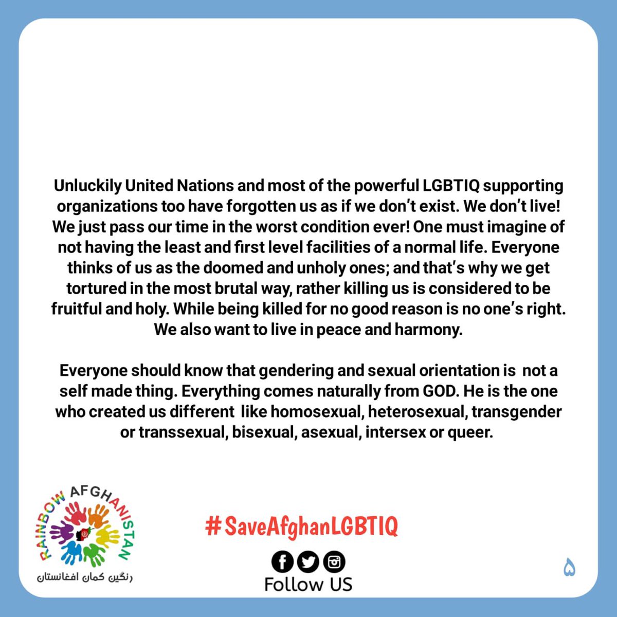 Afghani1Rainbow's tweet photo. Today, a gathering of Afghan #LGBT demonstrators made a call to the world community for assistance.

Since the Taliban seized power in #Afghanistan &amp; overthrew the republic, many LGBTs have been persecuted, subjected to torture, &amp; even killed.
#SaveAfghanLGBTIQ
@UN @UNHumanRights https://t.co/54511nztQR