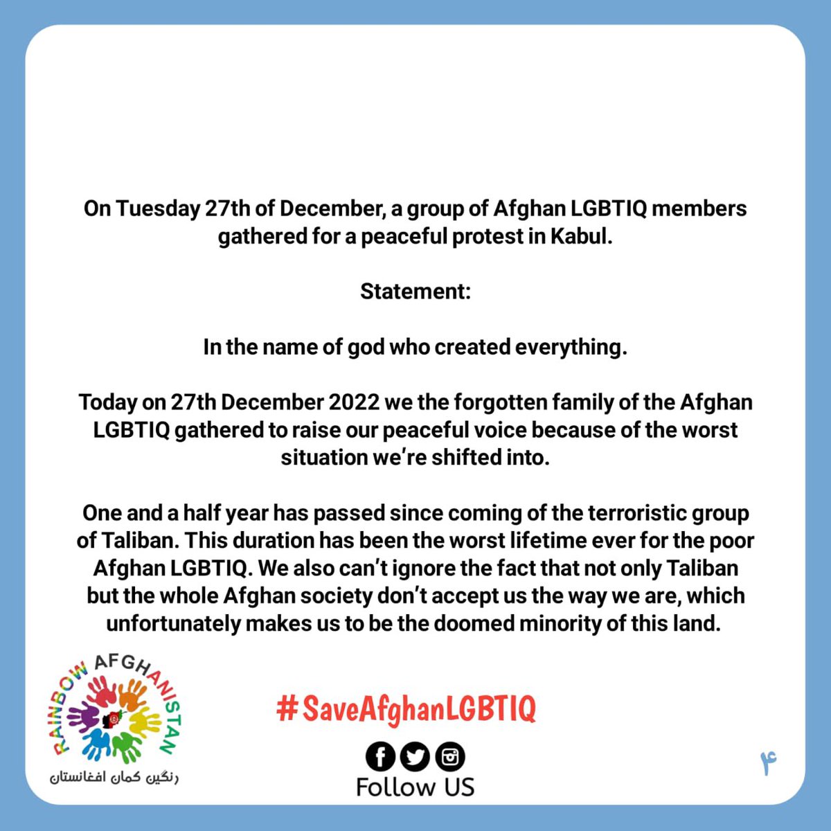 Afghani1Rainbow's tweet photo. Today, a gathering of Afghan #LGBT demonstrators made a call to the world community for assistance.

Since the Taliban seized power in #Afghanistan &amp; overthrew the republic, many LGBTs have been persecuted, subjected to torture, &amp; even killed.
#SaveAfghanLGBTIQ
@UN @UNHumanRights https://t.co/54511nztQR