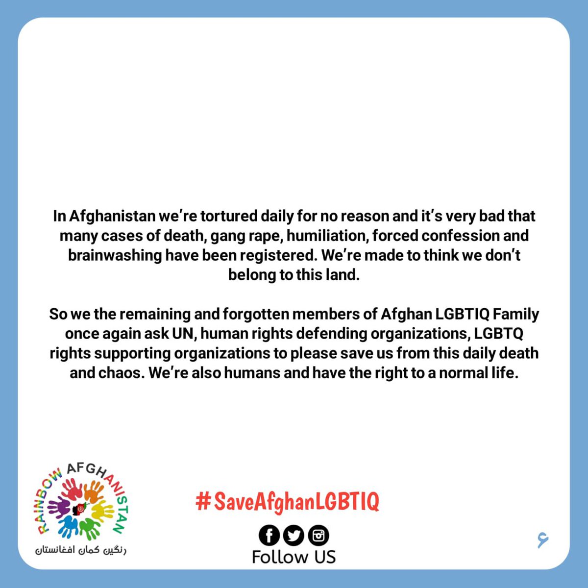 Afghani1Rainbow's tweet photo. Today, a gathering of Afghan #LGBT demonstrators made a call to the world community for assistance.

Since the Taliban seized power in #Afghanistan &amp; overthrew the republic, many LGBTs have been persecuted, subjected to torture, &amp; even killed.
#SaveAfghanLGBTIQ
@UN @UNHumanRights https://t.co/54511nztQR