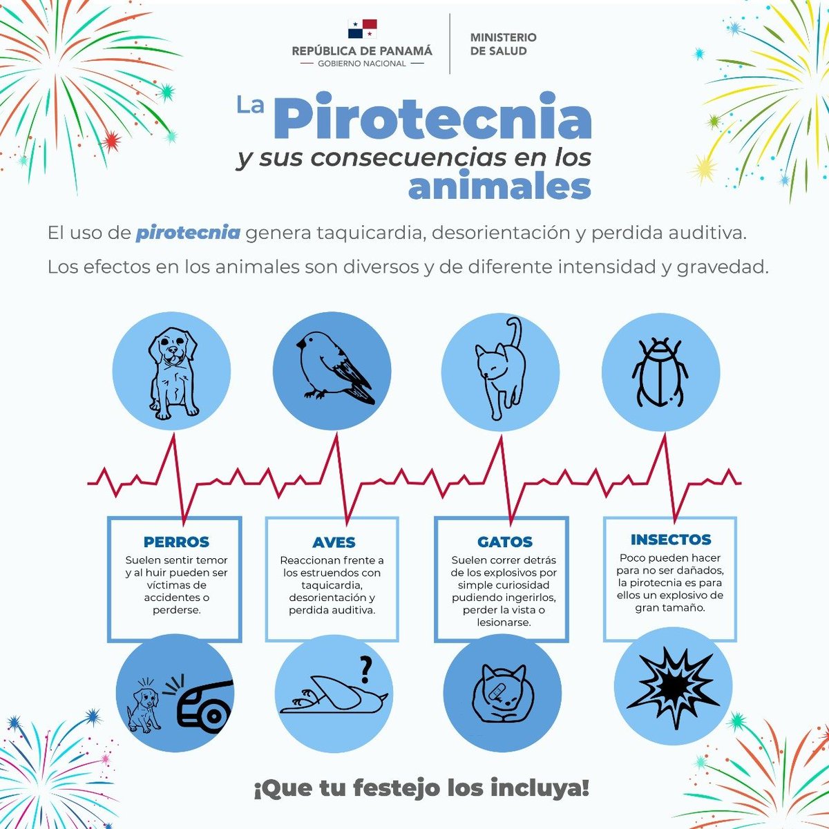 MINSAPma's tweet photo. La pirotecnia es llamativa y colorida, pero recordemos que no estamos solos, su uso puede provocar miedo, desorientación y perdida auditiva; los efectos en ellos son diversos y de diferente intensidad y gravedad. https://t.co/9unQkUjlZW