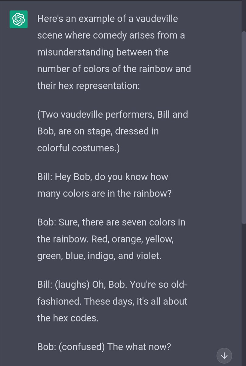 _ppkn's tweet image. &quot;Give me an example of a vaudeville scene where comedy arises from a misunderstanding between the number of colors of the rainbow and their hex representation.&quot;