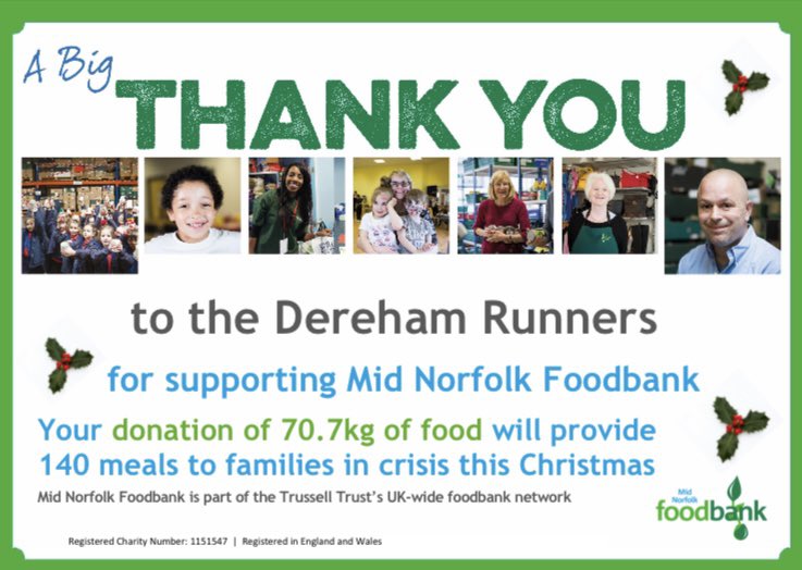 DerehamRunners's tweet photo. Delighted to be able to support @TrussellTrust #midnorfolkfoodbank at our recent Club Santa 🎅🏻 runs #ukrunchat #community https://t.co/m5RQQpU6vF