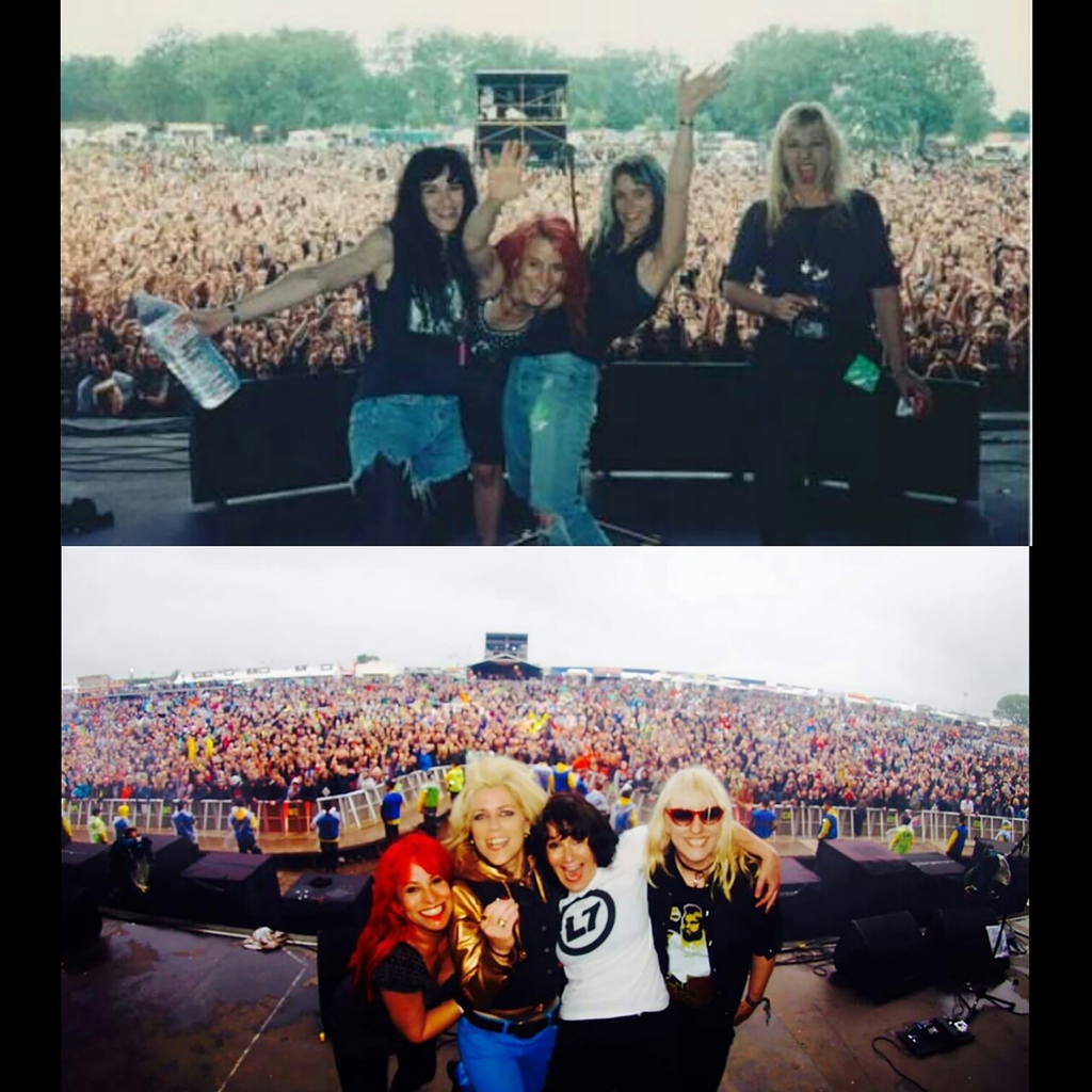 Us, then and now, talk about a flashback!⁠
-------------------------------------------------------
#suzigardner #deeplakas #donitasparks #jenniferpreciousfinch #thenandnow #livebandphotography #crowdshot #l7theband #ontour⁠