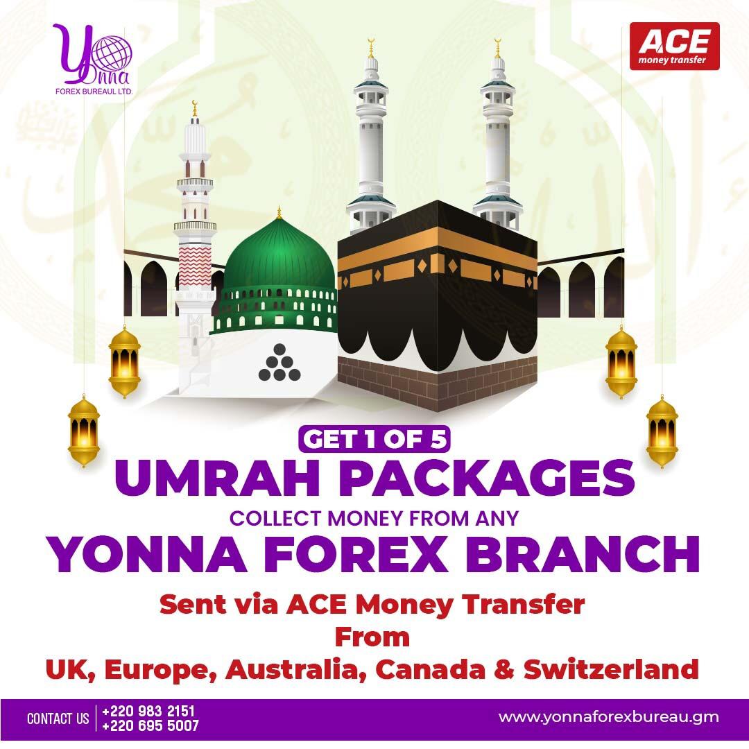 Umrah promotion continues
Send money to The Gambia via ACE Money Transfer and stand the change to WIN a Full Umrah Package. 

Terms and Conditions:
Cash pick-up should be from any Yonna Forex Bureau outlets in The Gambia