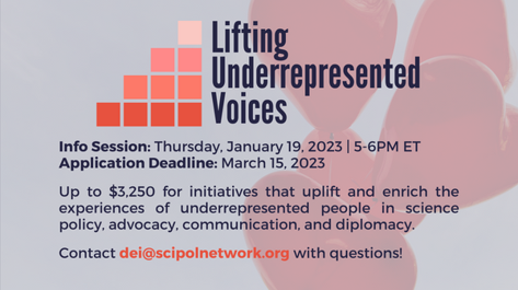 SciPolNetwork's tweet photo. NSPN's LUV Grant provides up to $3,250 for organizations to uplift underrepresented voices in #SciPol, #advocacy, #SciComm, and #SciDip. Potential applicants are invited to join us for an informational webinar on Thursday, January 19 at 5pm ET.

Register: https://t.co/bg7ayrnC3b https://t.co/KgTyaHF3gZ