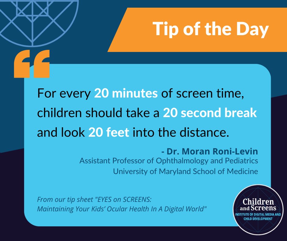 childrenscreens's tweet photo. Extra #ScreenTime during holiday break can mean extra strain on children's eyes - here's a helpful rule of thumb from our ocular health tip sheet to help remember to give little eyes regular rests.

More tips for healthy eyes: https://t.co/pvFoGNVZXr
#EyeHealth #Parenting https://t.co/AknrjgSjSM
