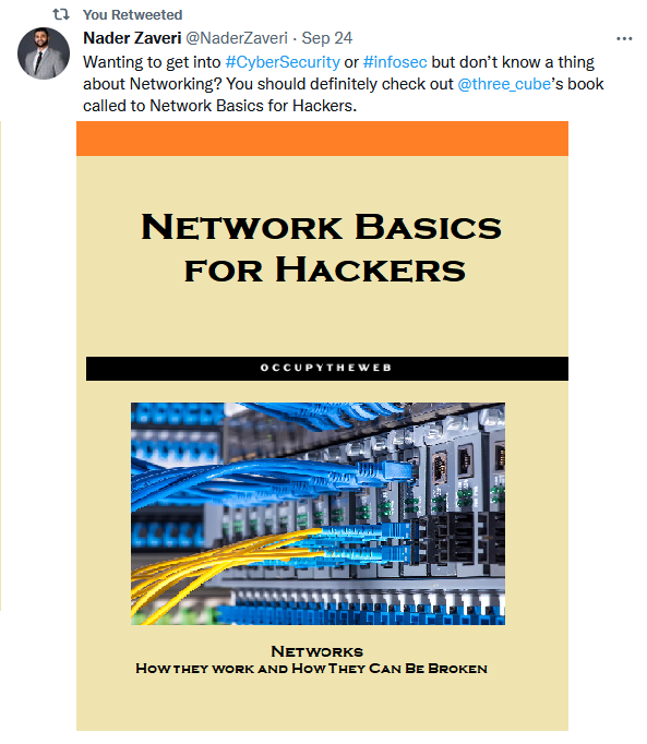 three_cube's tweet image. Network Basics for Hackers
How networks work and how to break them!
#networkbasics #cybersecurity #infosec #cyberwarrior
bit.ly/2TLEuiW