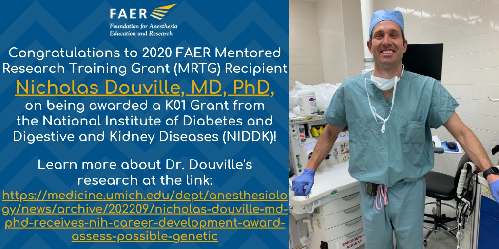 FAER (@faeranesthesia) on Twitter photo Congratulations to 2020 #FAERgrantee <a href="/Douville_NJ/">Nicholas J. Douville</a> of <a href="/UMichAnesthesia/">Michigan Anesthesiology</a> on being awarded a K01 by <a href="/NIDDKgov/">NIDDK</a> in 2022!
Learn more about what Dr. Douvilleās K01 funded #research will focus on @ the link & join FAER in congratulating him on this achievement!
loom.ly/-oqy-fo Congratulations to 2020 #FAERgrantee <a href="/Douville_NJ/">Nicholas J. Douville</a> of <a href="/UMichAnesthesia/">Michigan Anesthesiology</a> on being awarded a K01 by <a href="/NIDDKgov/">NIDDK</a> in 2022!
Learn more about what Dr. Douvilleās K01 funded #research will focus on @ the link & join FAER in congratulating him on this achievement!
loom.ly/-oqy-fo