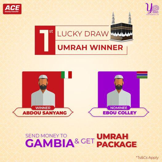We happy to announce Abdou Colley as our first lucky winner....

Increase your chances of winning by sending money to the Gambia via ACE money transfer.

--------------------------------
Terms and Conditions:
Cash pick-up should be from any Yonna Forex Bureau outlets.