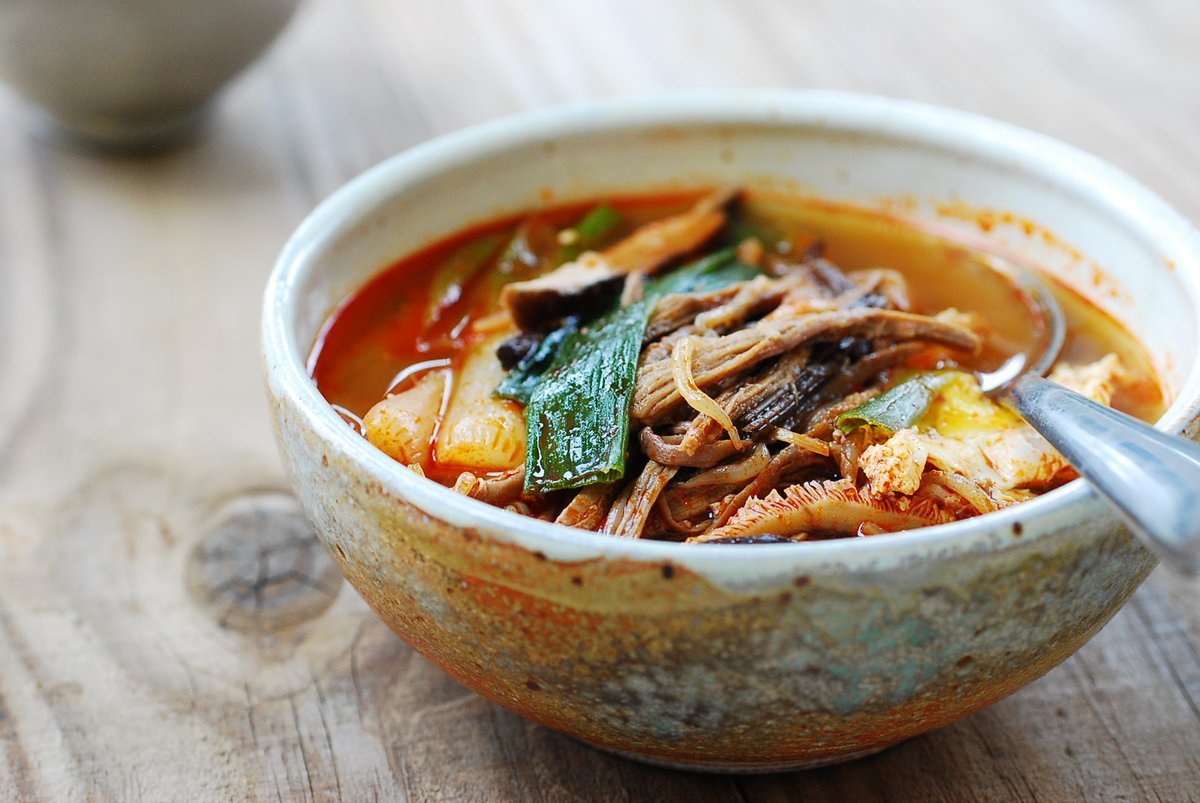 SOUP TOUR!!!

Day 1: South Korea
Yukgaejang is a spicy beef stew which has it’s origins in Korean Royal Court Cuisine. It’s a thick soup made by simmering beef shank and other sinewy cuts in broth until they fall apart. Taro stems and fernbrake to make it authentic!
#souptour