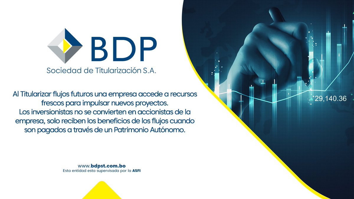 BDPSTBolivia's tweet photo. Con la Titularización una empresa accede a recursos de forma rápida para impulsar nuevos proyectos. 
Esto no significa vender sus acciones.

Más información:  https://t.co/LyoNzUX6mN

#BDPST #BDPSociedadDeTitularización #SoluciónFinanciera #Titularización #Bolivia https://t.co/6fspzbjzdR