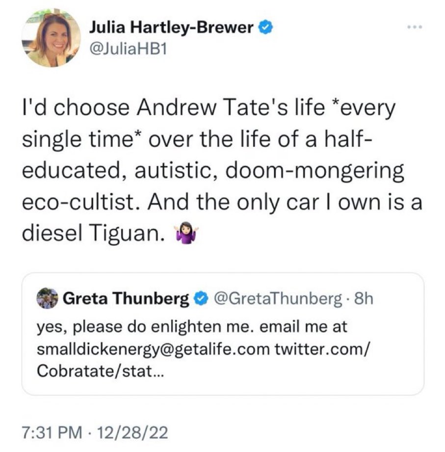 Know it’s always had nasty characters, but what has happened to British media? How do horrendous individuals like Hartley-Brewer keep their jobs? <a href="/Ofcom/">Ofcom</a> - bloody useless. #AndrewTate #GretaThunberg