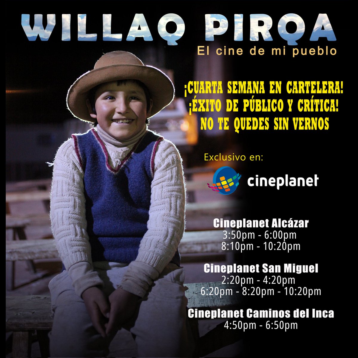WillaqPirqa's tweet photo. 🎥🏔 ¡@WillaqPIRQA - ¡CUARTA SEMANA EN CARTELERA! ¡ÉXITO DE PÚBLICO Y CRÍTICA! NO TE QUEDES SIN VERNOS.🎥❤️✨ 
Compra tus entradas aquí 👉 https://t.co/hFvzyjdtqu
@cineplanet
#willaqpirqa #quechua #CinePeruano #cineenlenguasoriginarias #SoloEnCines #Perú https://t.co/N2unUtpkZr